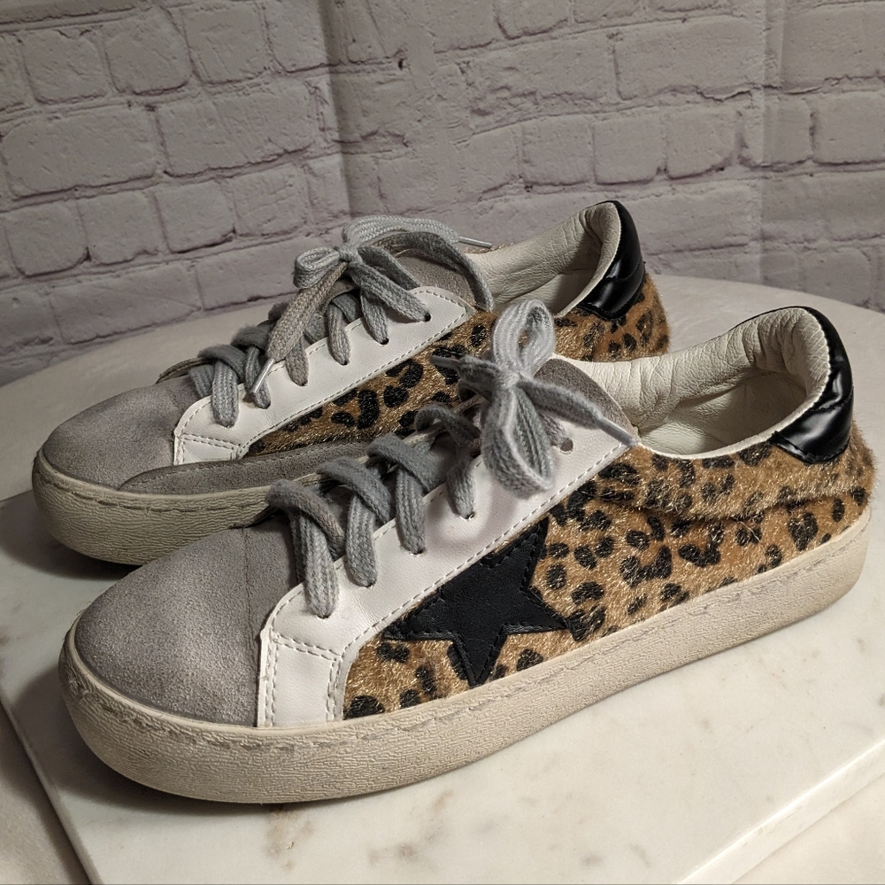Sarabasic Collection Leopard Pony Fur White Suede Black Star Sneaker Euro 38